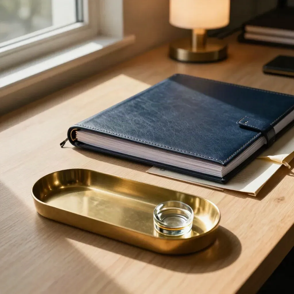 Investor relations folders, brass tray and glass paperweight on pale oak
