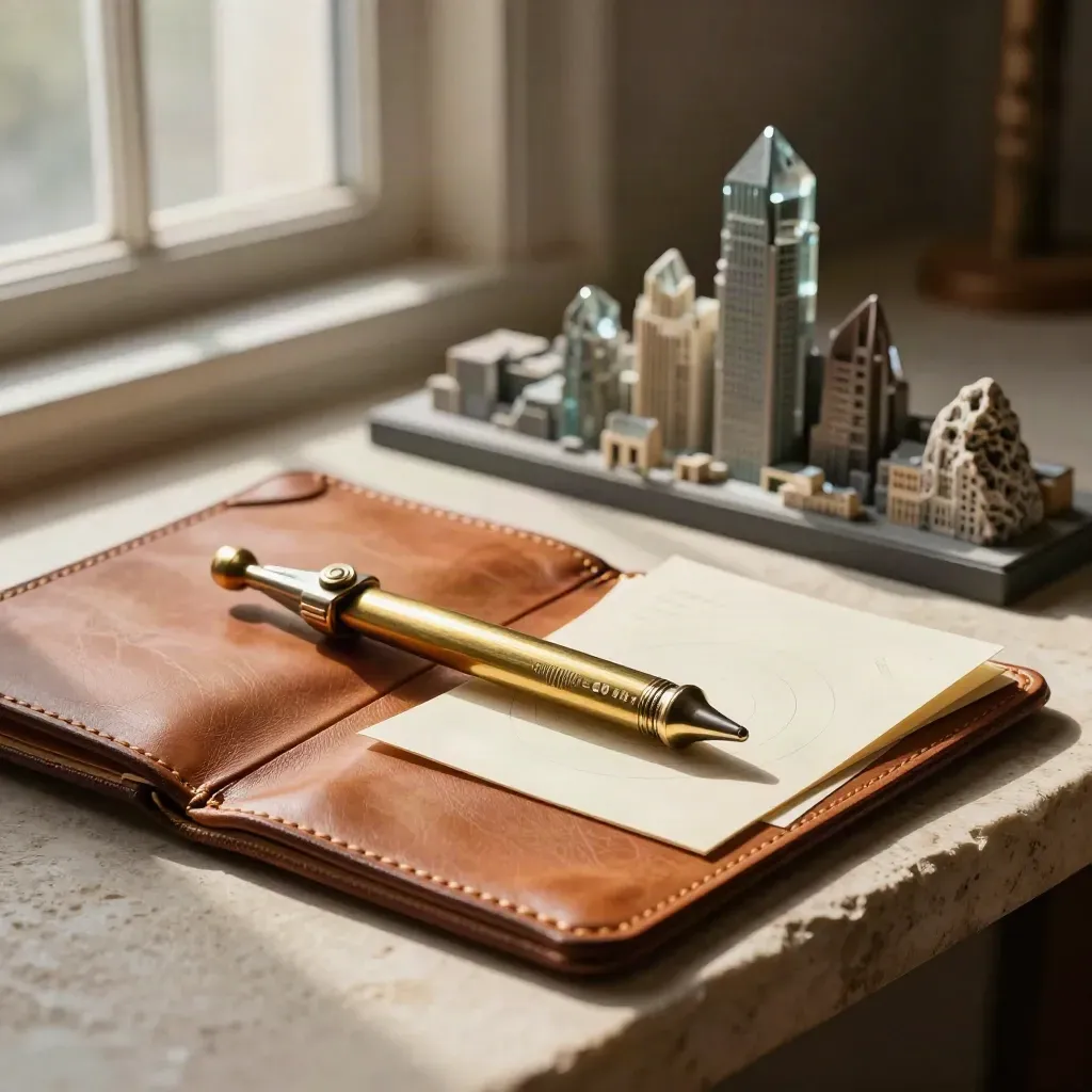 Leather portfolio, blank cards, brass instrument and skyline maquette in dusk-soft study light.