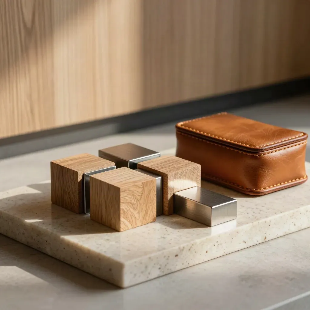 Oak blocks and steel spacers align as a deal-structure model on travertine.