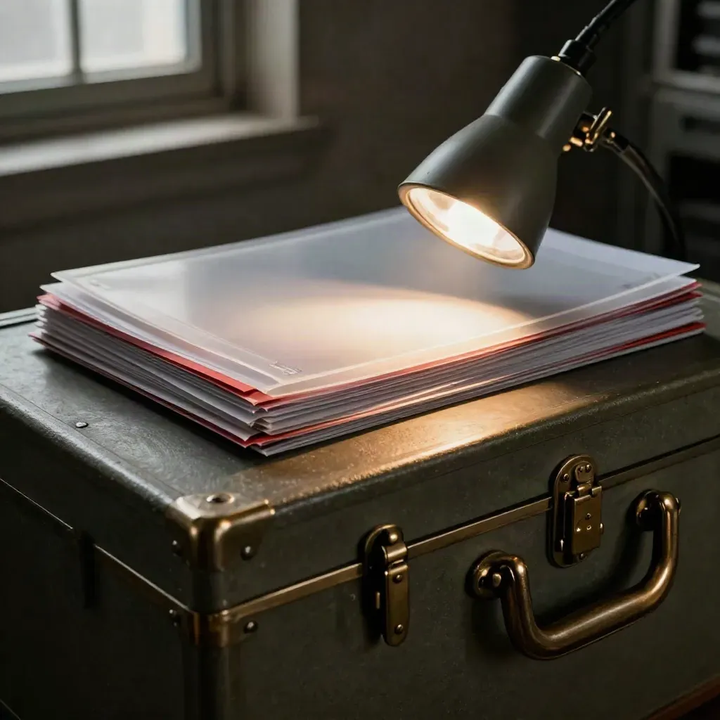 Sealed due diligence evidence box with archive sleeves, red tabs, and inspection lamp on dark stone.