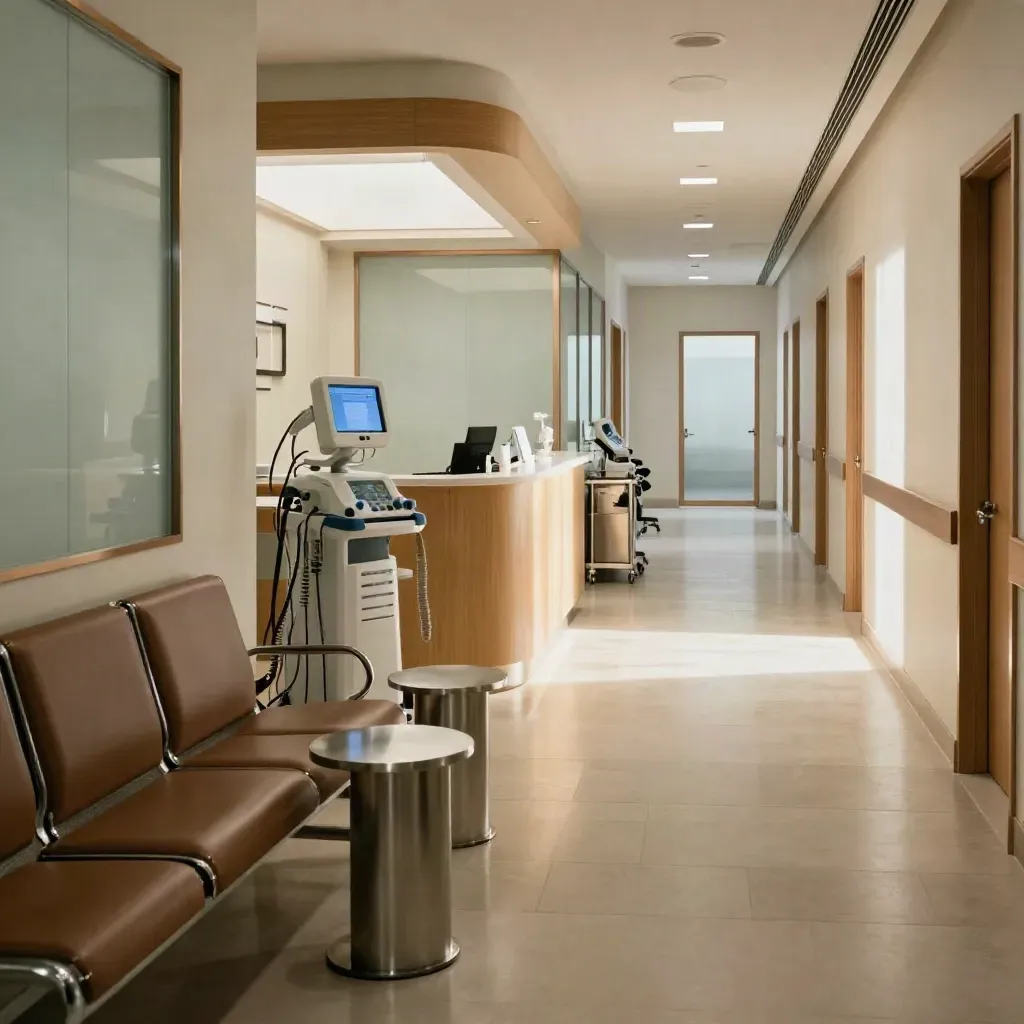 Empty clinic corridor with glowing reception and active medical equipment beyond
