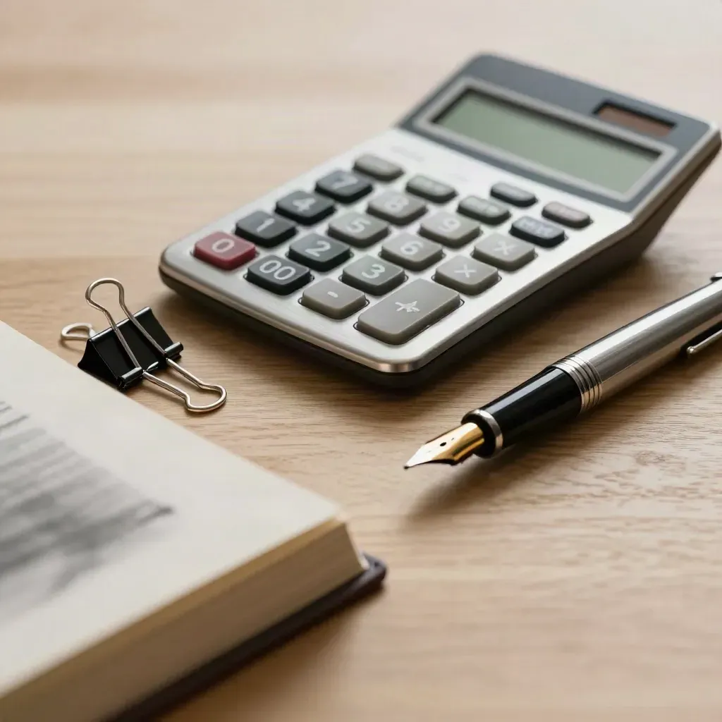 Calculator, binder clips and fountain pen on pale oak in dramatic finance lighting.