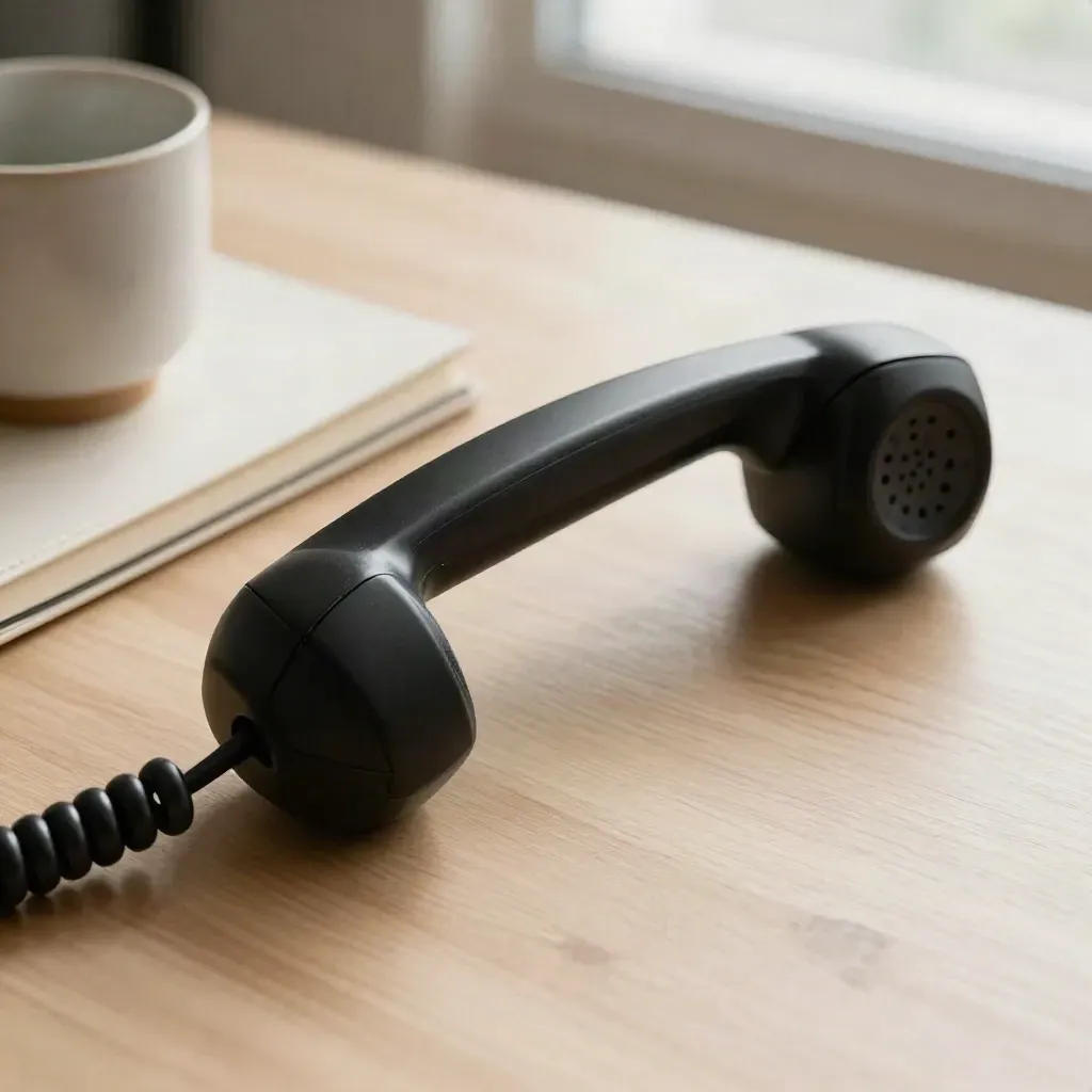 Black desk handset in cradle beside cream notebook and ceramic cup ring on pale wood.