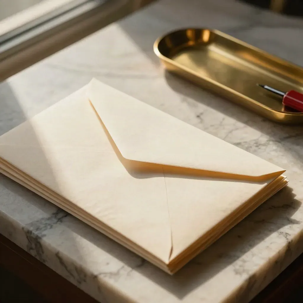 Cream sealed envelopes in a brass tray with a red call marker on pale stone.