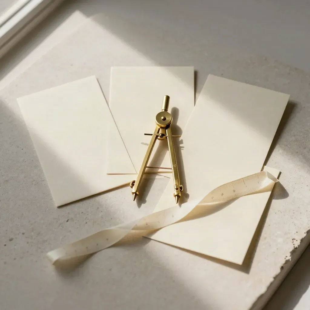 Brass compass, blank cards and tracing ribbon on off-white plaster, shot straight down.